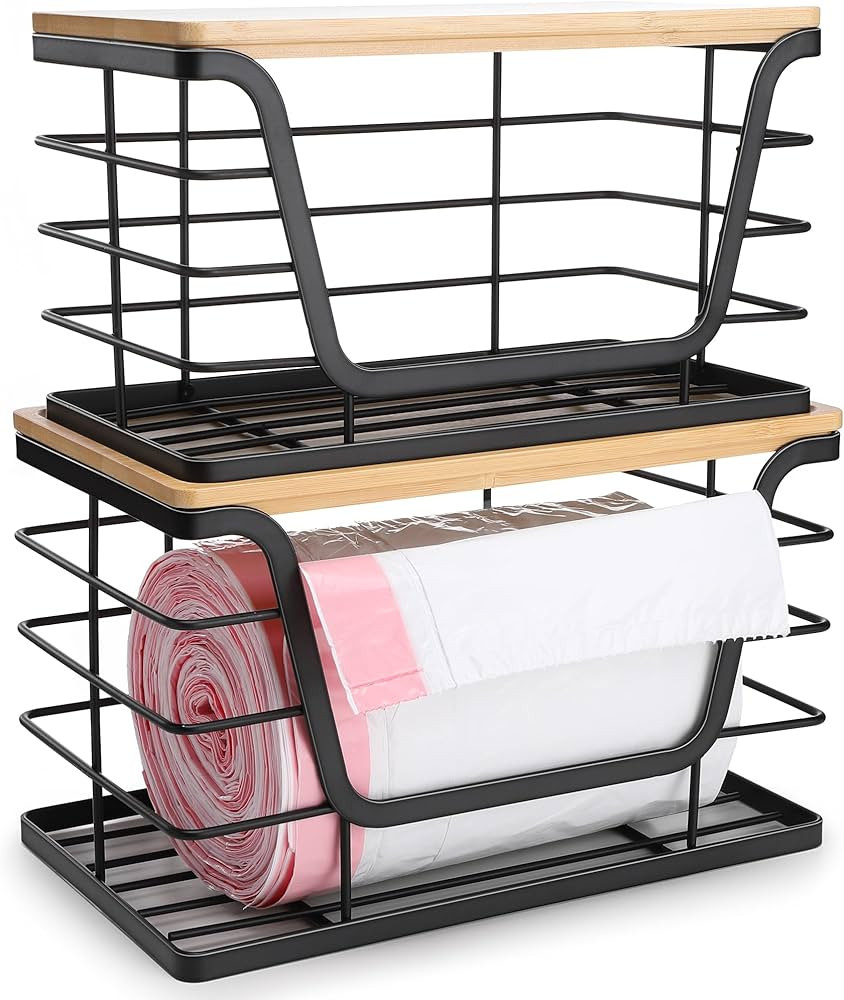 2 Pack Storage Stackable Kitchen Laundry Organizers with Bamboo Top, Wall Mount Large Trash Bag H... | Amazon (US)