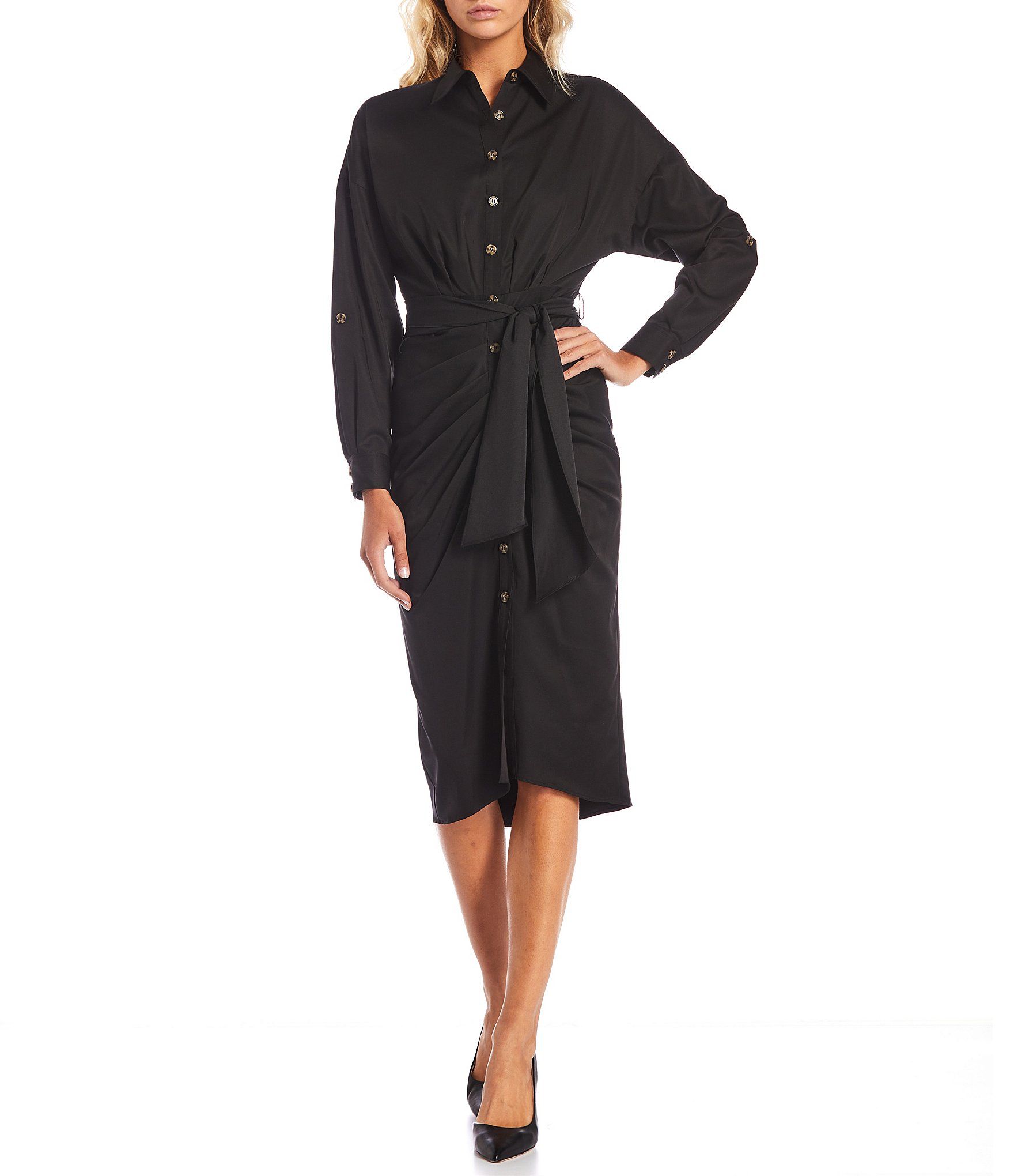 Roxanne Point Collar Long Sleeve Ruched Tie Waist Button Front Midi Shirt Dress | Dillards