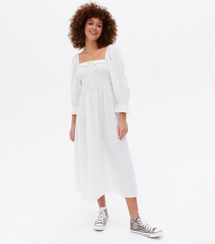 White Shirred Frill Square Neck Midi Dress
						
						Add to Saved Items
						Remove from Save... | New Look (UK)