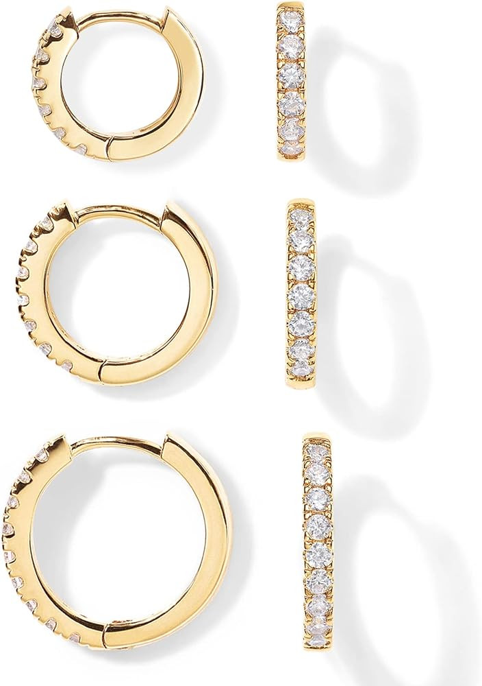 PAVOI Gold Huggie Earrings for Women, 14K Gold Plated CZ Set of 3 | Amazon (US)