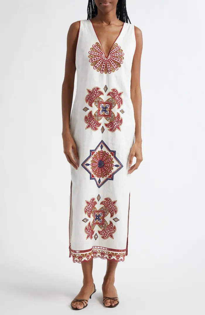 FARM Rio Mary's Tiles Embroidered Detail Linen Dress | Nordstrom | Nordstrom