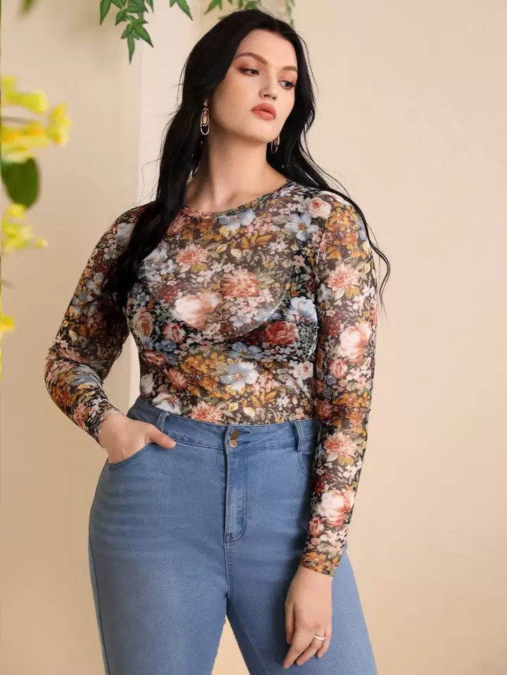 SHEIN Privé Plus Floral Print Mesh Top | SHEIN