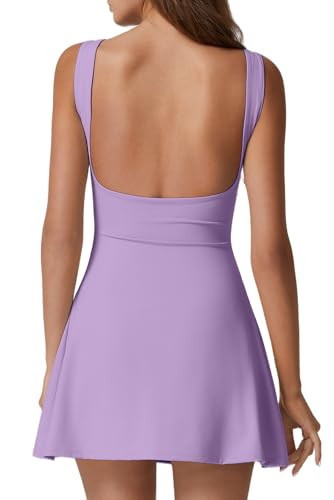 QINSEN Womens Tennis Dress, Workout Dress with Built-in Shorts Pockets Summer Dress for Golf Athletic Lavender M | Amazon (US)