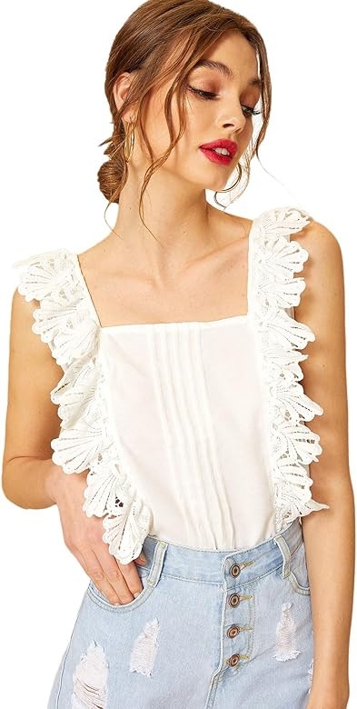 Women's Summer Sleeveless Floral Lace Pleated Tank Blouse Shirt Top | Amazon (US)