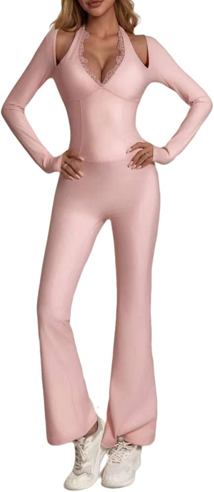 One Piece Wide Leg Jumpsuits For Women Workout Long Sleeve Jumpsuit Flare Yoga Romper V-Neck Sexy... | Amazon (US)