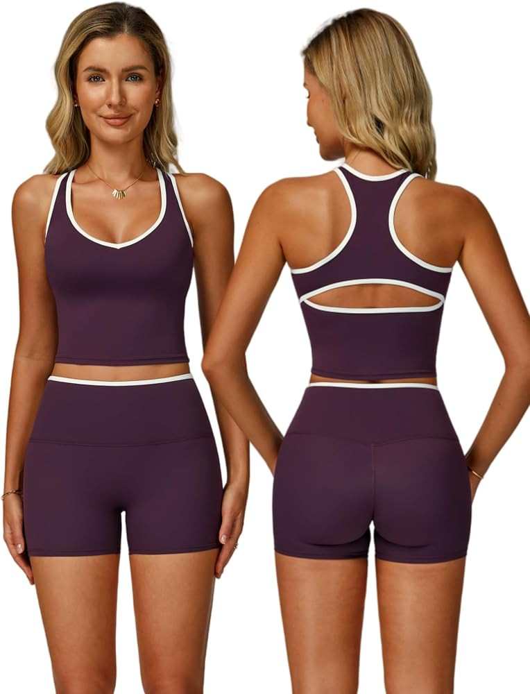 ABOCIW Workout Sets for Women 2 Piece Color Block V Neck Racerback Tank Top Built in Bra High Wai... | Amazon (US)