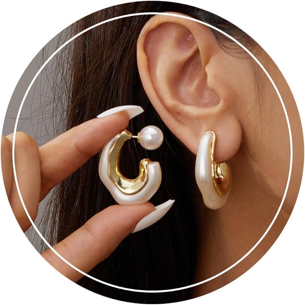 Pearl Dangle Earrings for Women 14K Gold Plated Hoop Drop Dangle Earrings Chunky Hoop Pearl Earri... | Amazon (US)