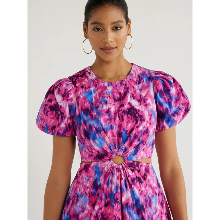Scoop Women's Cut Out Midi Dress with Puff Sleeves, Sizes XS-XXL - Walmart.com | Walmart (US)