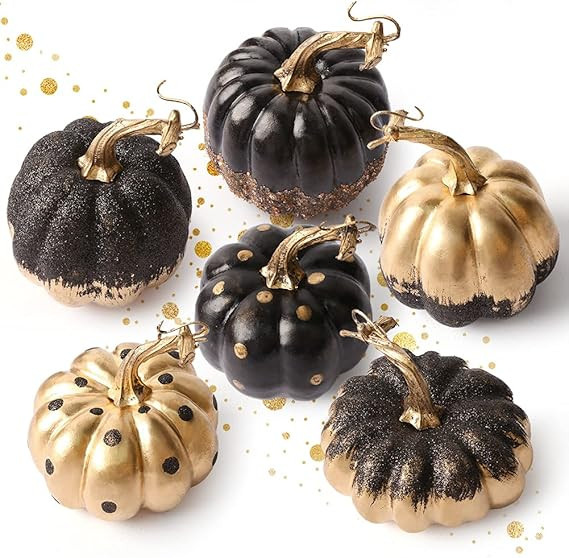DomeStar Halloween Artificial Pumpkins, 6PCS Faux Pumpkins Black and Gold Pumpkin Decor Fall Deco... | Amazon (US)