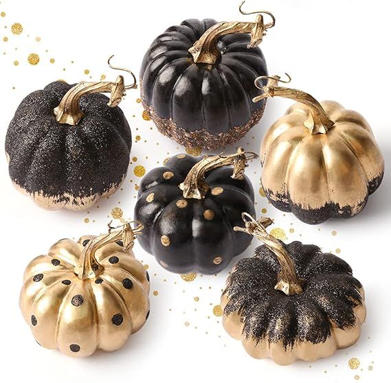 DomeStar Halloween Artificial Pumpkins, 6PCS Faux Pumpkins Black and Gold Pumpkin Decor Fall Deco... | Amazon (US)