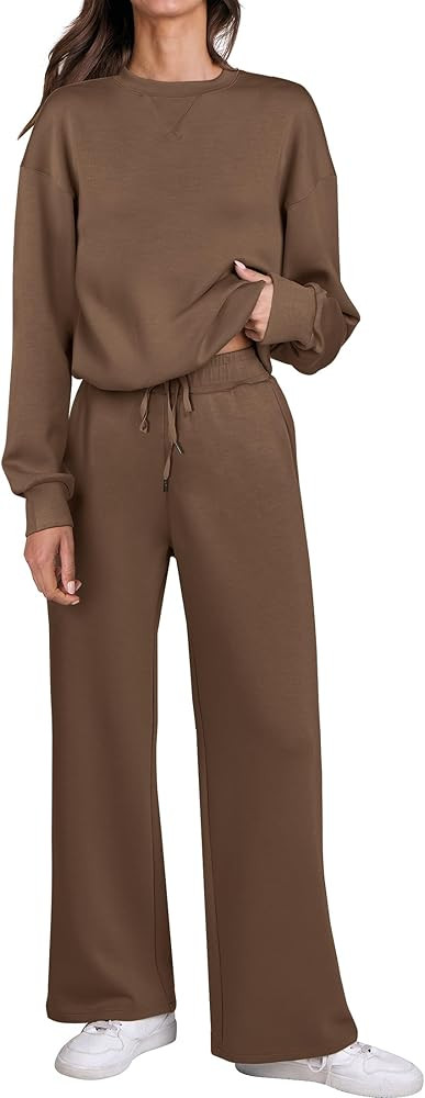 Caracilia Women's 2 Piece Outfits Sweatsuit Fall Crewneck Sweatshirts Wide Leg Pants Lounge Match... | Amazon (US)