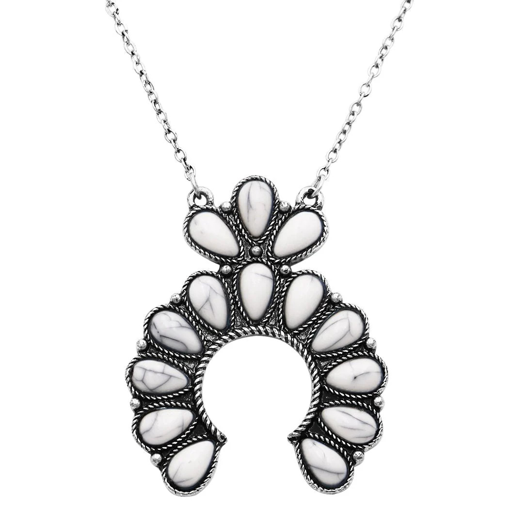Western Style Semi Precious Howlite Stone Squash Blossom Pendant Necklace, 18"-21" with 3" Extender (Natural White Howlite) white | Rosemarie Collections