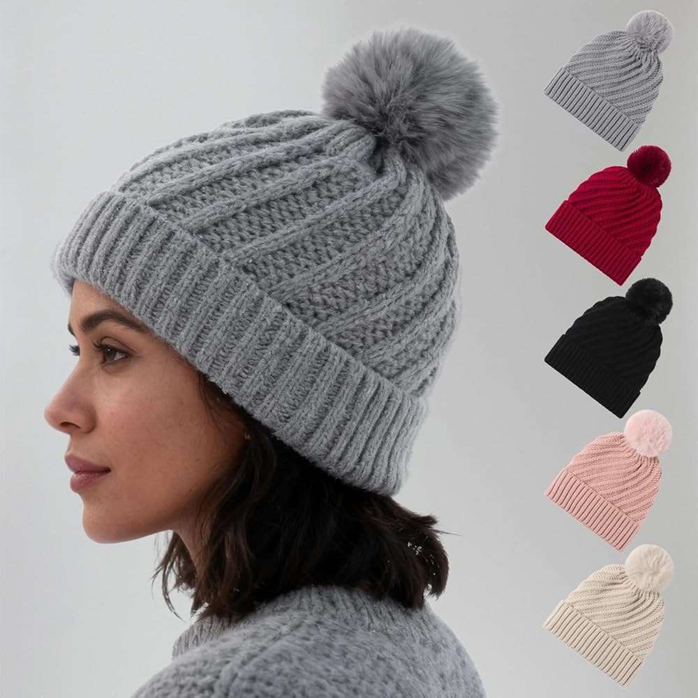 Diagonal Ribbed Knit Beanie Hat with Pom Pom, Soft Ribbed Texture Warm Winter Cap for Men and Wom... | Amazon (US)