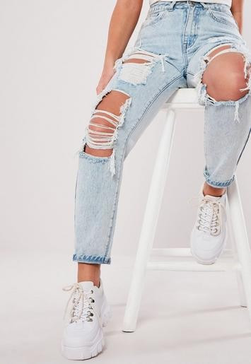 Light Blue Wash Riot Vintage Distress Mom Jeans | Missguided (US & CA)