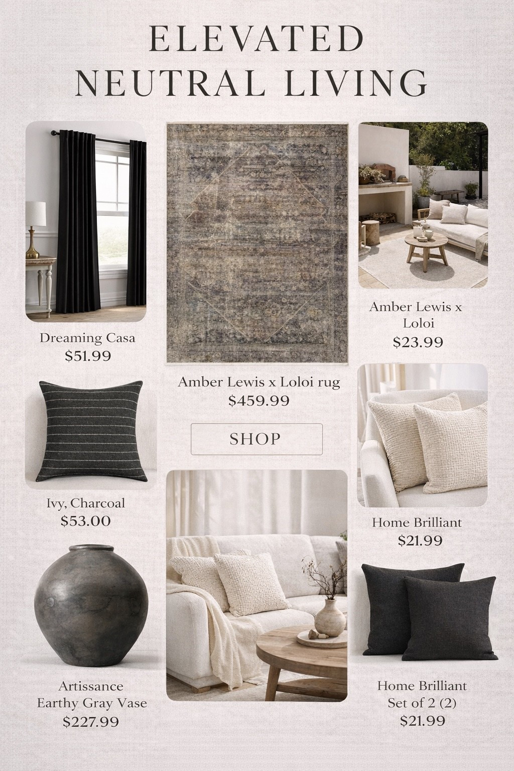 If you love that high-end, layered neutral look but don’t want the high-end price tag… this one’s for you.

These pieces give you that elevated, designer feel using soft textures, warm neutrals, and just enough contrast with black accents to ground the space.

The rug is such a statement piece, and the pillows + curtains are the easiest way to recreate this look for less in your own home.

#LTKSaleAlert #LTKHome