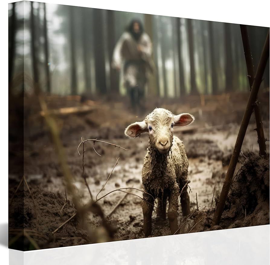 Jesus and Lamb Canvas Wall Art Jesus Running After Lost Lamb Picture Wall Art Canvas Print Christ... | Amazon (US)