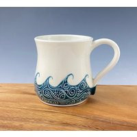 Pottery Mug/Porcelain Coffee Cup, Hand Thrown & Painted in Wave Pattern | Etsy (US)