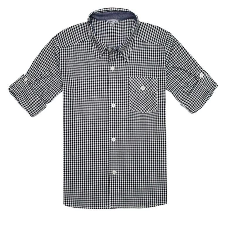 Bienzoe Boy's Cotton Plaid Roll Up Button Down Sports Shirts Black/White 3/4 | Walmart (US)