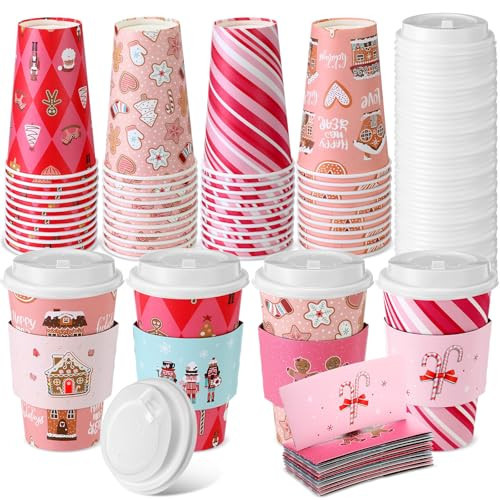 Jingmore 48 Pack 16 oz Christmas Disposable Coffee Cups with Lids and Sleeves Christmas Paper Hot Cups Xmas Party Beverage Tea Drinking Favors for Hot Cocoa, Xmas Holiday Supplies(Bright,Pink) | Amazon (US)
