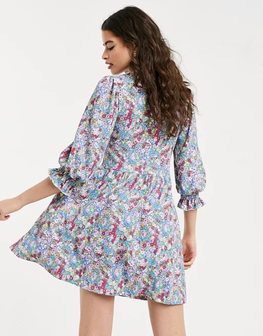 Miss Selfridge mini smock dress with ruffle sleeves in floral print | ASOS (Global)