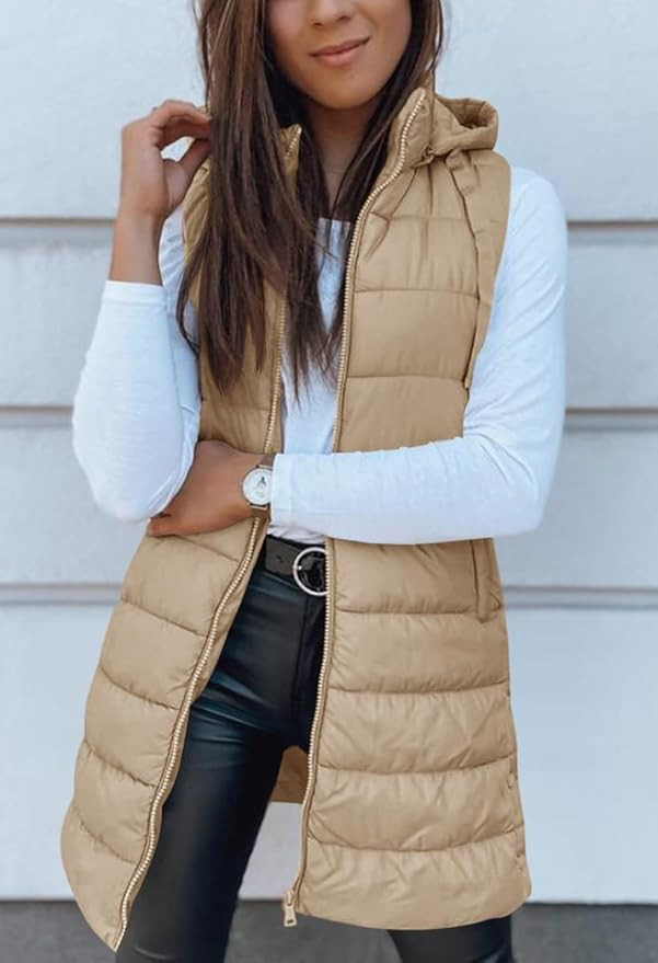 Veatzaer Women Long Vest Solid Color Sleeveless Hood Winter Puffer Vest Outwear | Amazon (US)