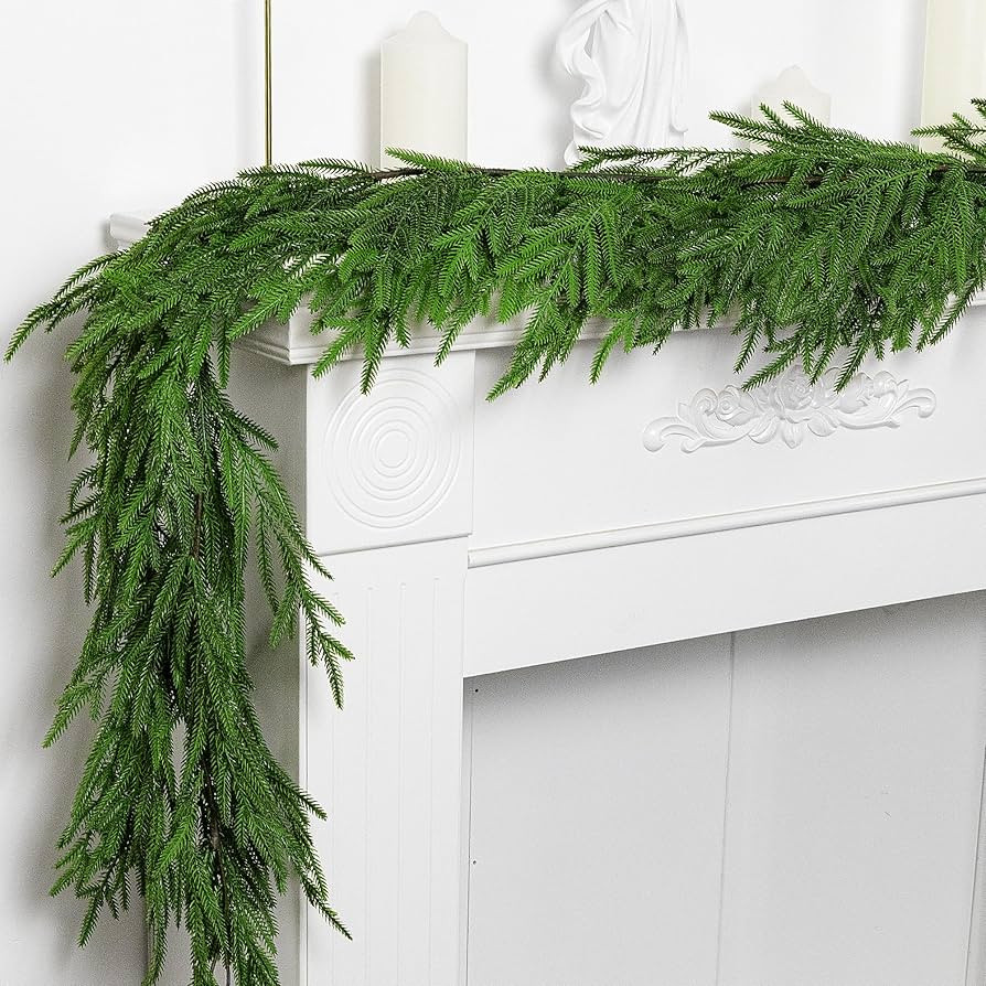Watayo 2 Pcs Christmas Norfolk Pine Garland- 6 Ft Dense Real Touch Pine Garland Ornament- Realistic Artificial Pine Greenery Garlands for Mantle, Table, Fireplace, Indoor, Outdoor Christmas Decoration | Amazon (US)