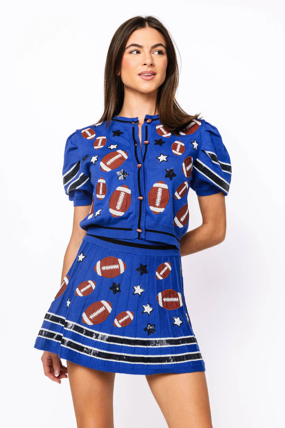 SAMPLE - Royal Footballs & Stars Poof Sleeve Knit Top and Skirt Set | Queen of Sparkles