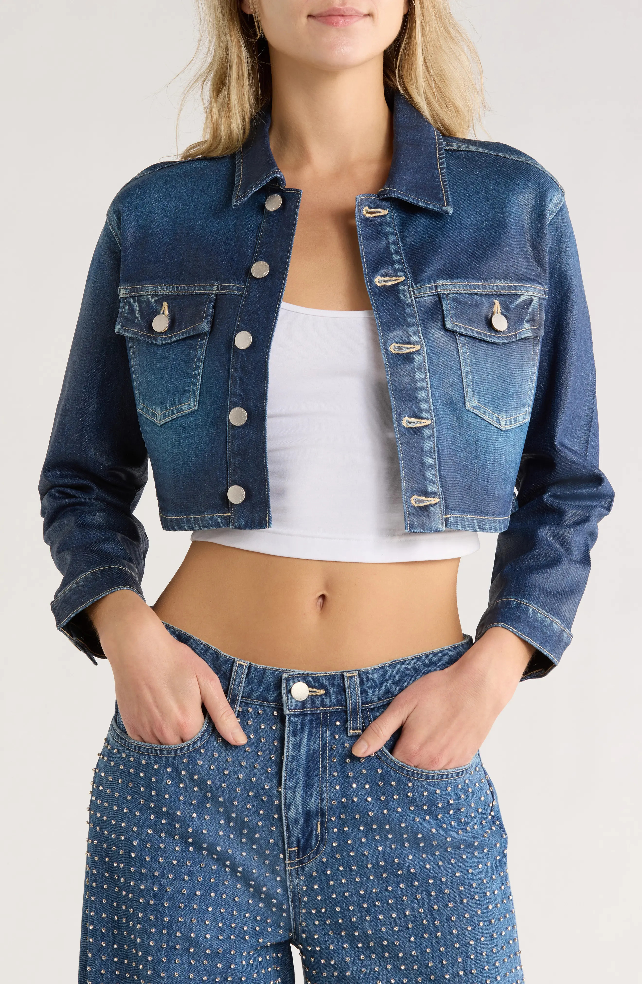 L'AGENCE Genevie Crop Coated Denim Jacket in Ladera Coated at Nordstrom Rack, Size X-Small | Nordstrom Rack