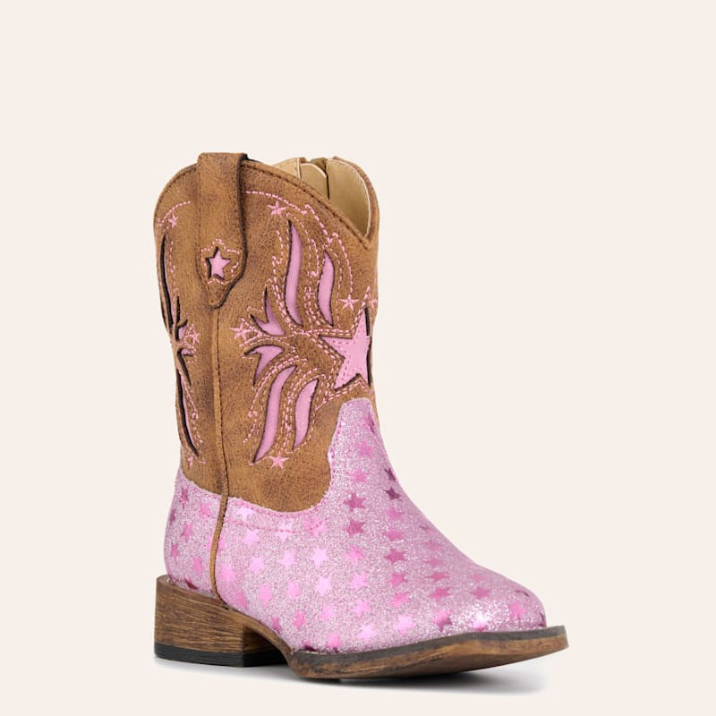 Roper Toddler\u2019s Pink Glitter and Brown Starlet Leather Short Square Toe Cowboy Boots | Cavender's