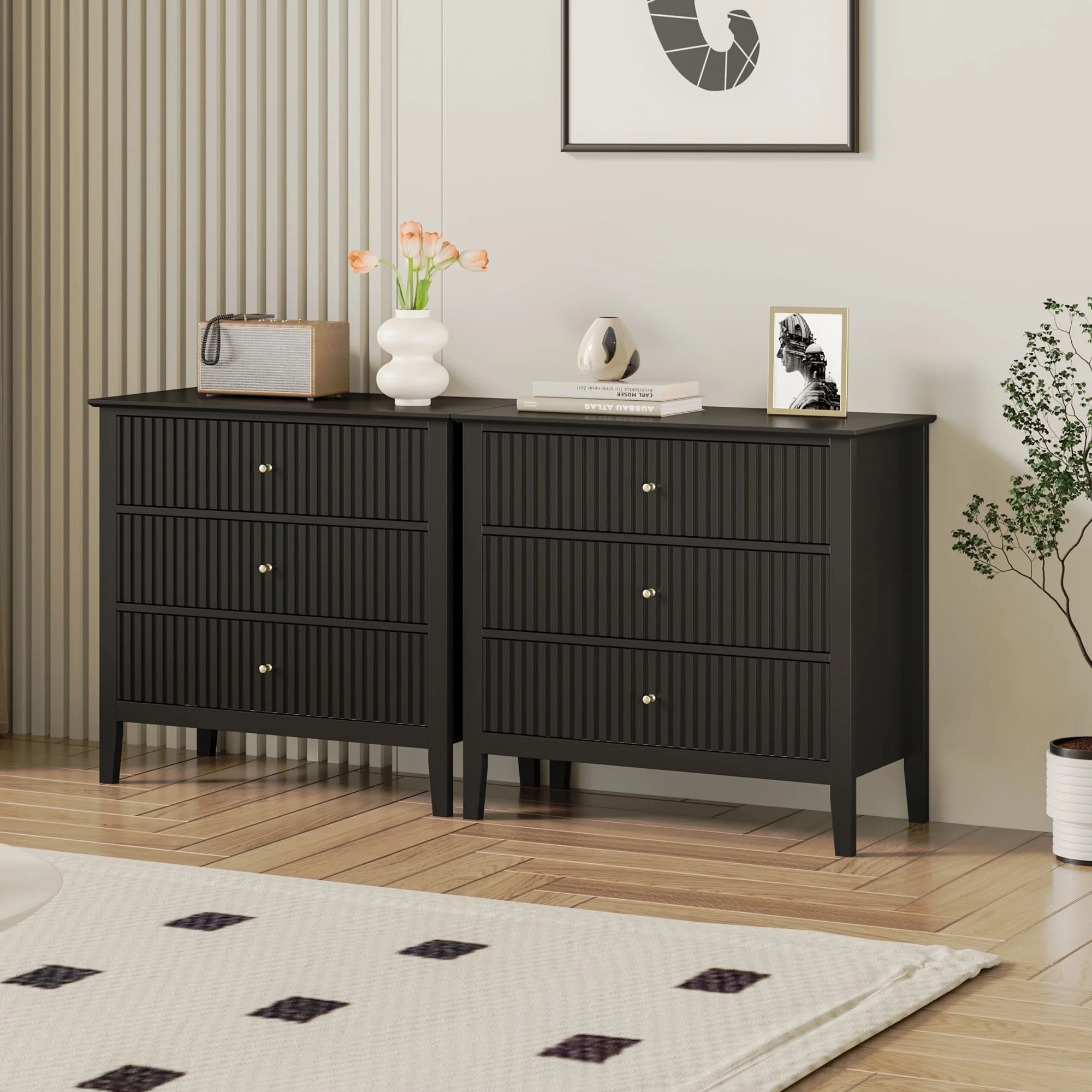 Mayincolor Large Fluted 3 Drawer Dresser Set of 2, Wide Chest of Drawers with Modern Nightstand C... | Walmart (US)