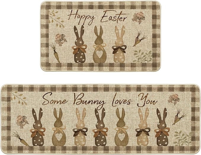 Artoid Mode Wood Buffalo Plaid Carrots Rabbit Bunny Happy Easter Kitchen Mats Set of 2, Spring Ho... | Amazon (US)