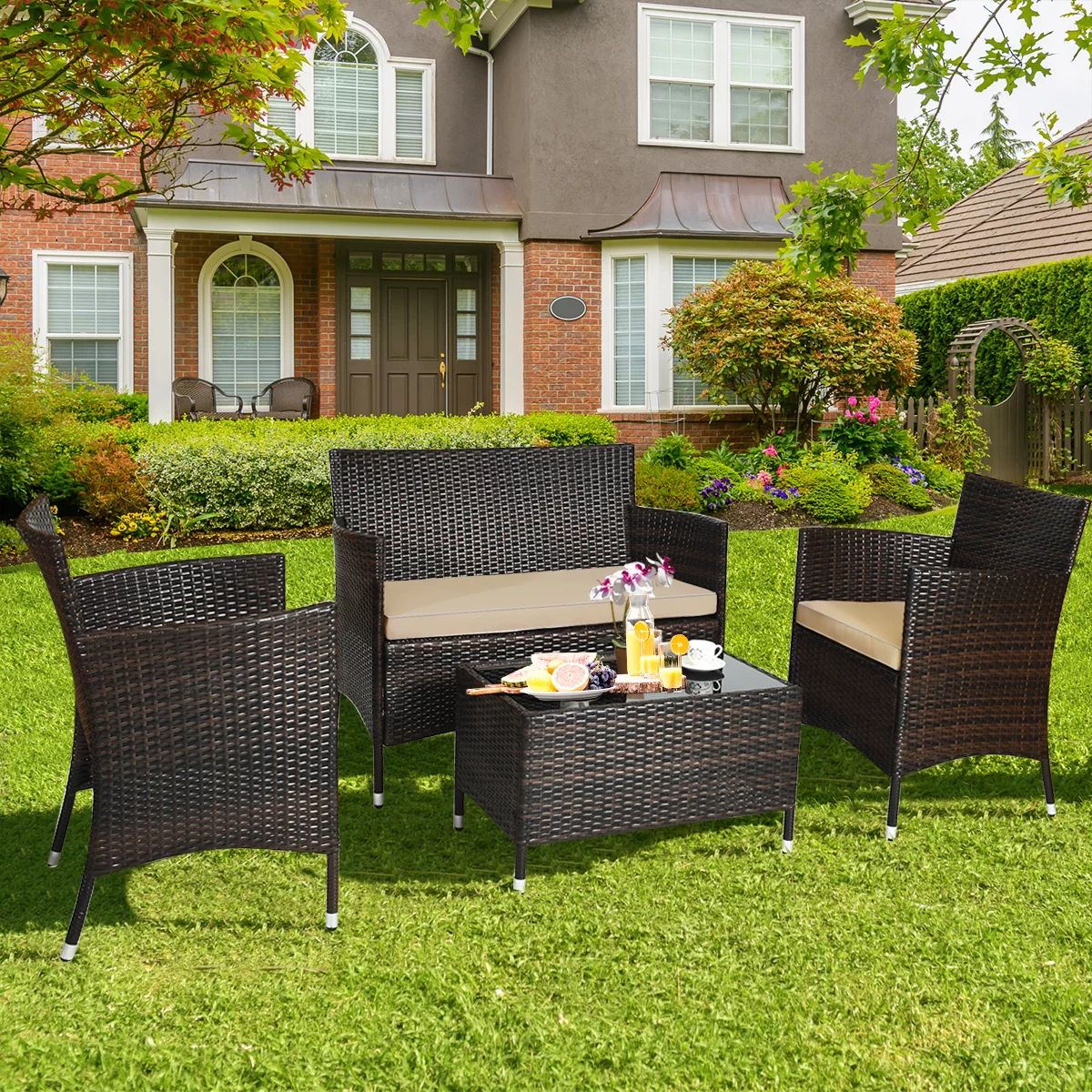 Costway 4 Pieces Rattan Patio Furniture Set Cushioned Sofa Chair Coffee Table Garden | Walmart (US)