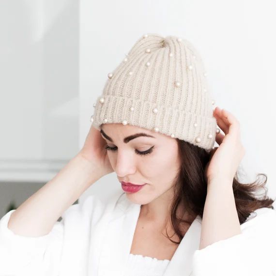 Pearl Embellished Knit Hat | Etsy (US)