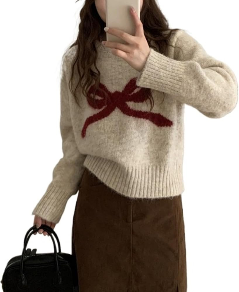 Women's Y2K Bow Print Sweater Casual Loose Fit Pullover Tops Long Sleeve Crew Neck Chunky Knit Ju... | Amazon (US)