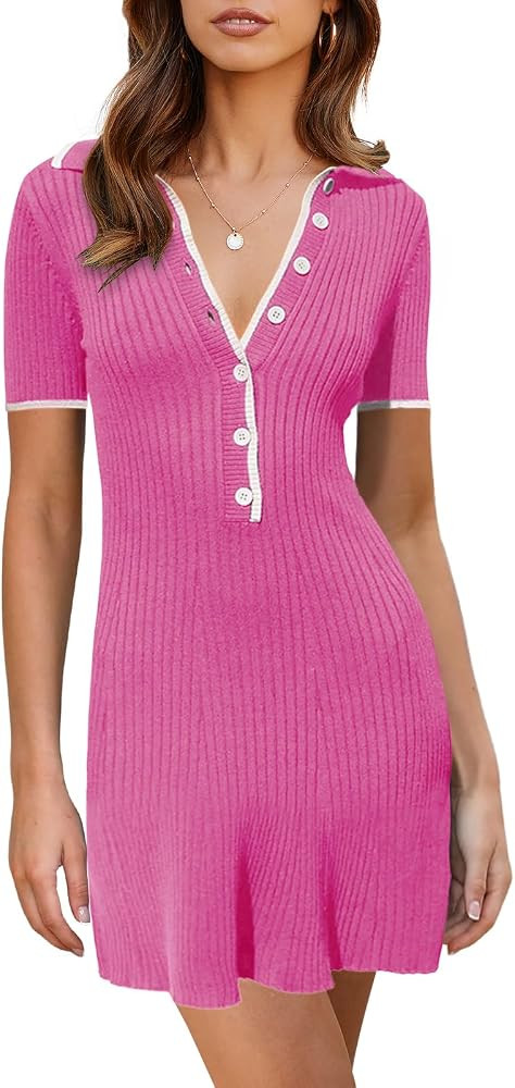 Saodimallsu Womens V Neck Short Sleeve Slim Fit Bodycon Sweater Dress Button Up Ribbed Knit Mini ... | Amazon (US)