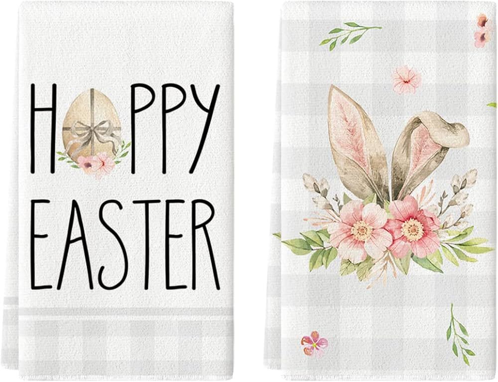 Artoid Mode Buffalo Plaid Bunny Rabbit Ears Flower Happy Easter Kitchen Dish Towels, 18 x 26 Inch... | Amazon (US)