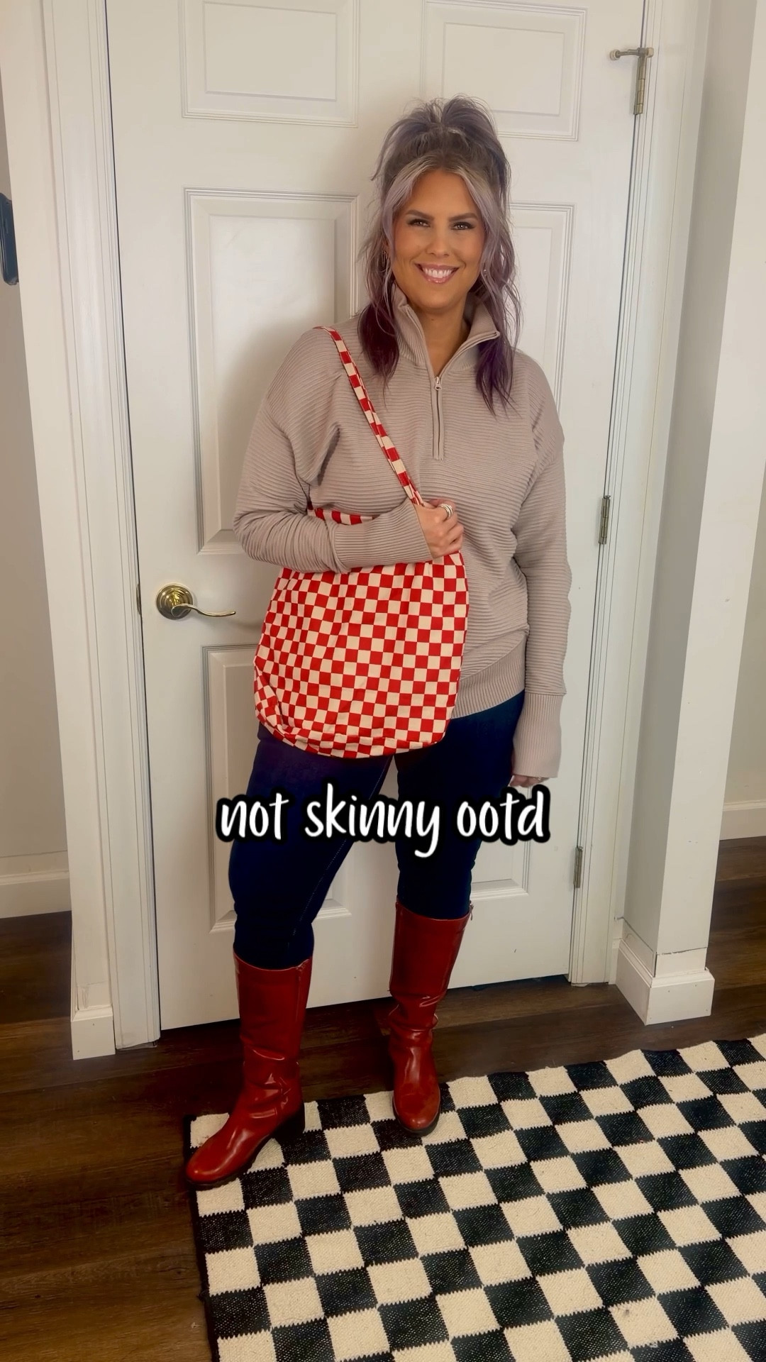 ✔️Dark Wash Denim Skinny Jeans 〰️ size 14 (TTS) 
✔️Taupe Quarter Zip Sweatshirt〰️ size L (TTS)  

LINKED SIMILAR!
-Red Checkered Bag
-Red Knee High Boots 

#LTKOver40 #LTKMidsize