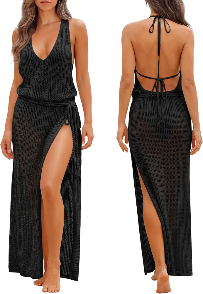 Swimsuit Cover Up for Women Crochet Beach Coverup Halter Hollow Out Long Bathing Suit Sexy Backle... | Amazon (US)