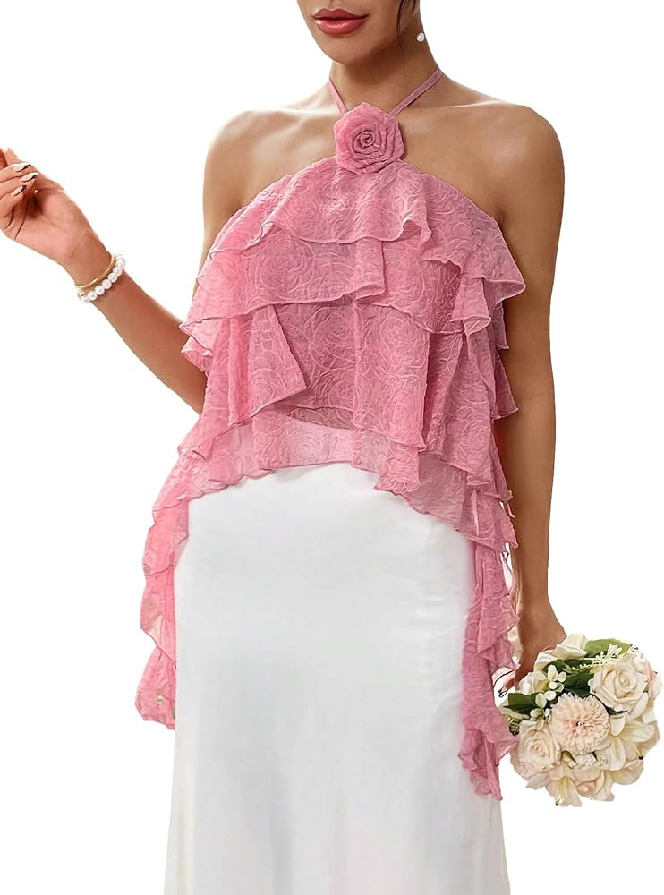 Milumia Women's 3D Rosette Floral Mesh Ruffle Asymmetrical Trim Multi Layered Halter Tank Top | Amazon (US)