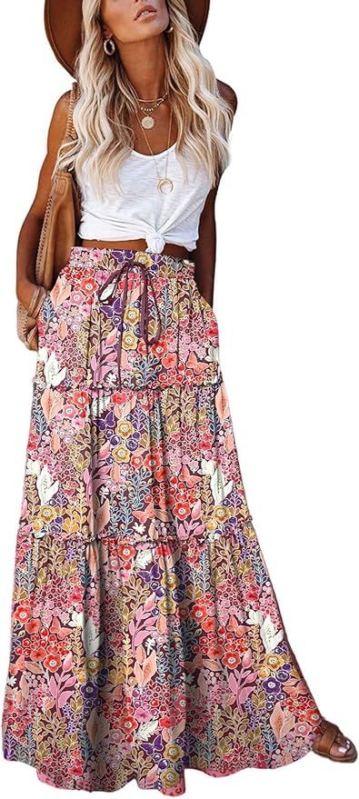 EARKOHA Womens Casual High Waist Tiered Paisley Print Long Maxi Skirt with Pockets | Amazon (US)
