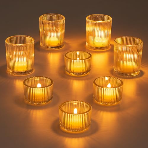 Glasseam Glass Tealight Candle Holder: Set of 8 Ribbed Clear Votive Candle Holders for Table Centerpiece, Decorative Small Vintage Tea Lights Candle Holder for Wedding Christmas Dining Room Decoration | Amazon (US)