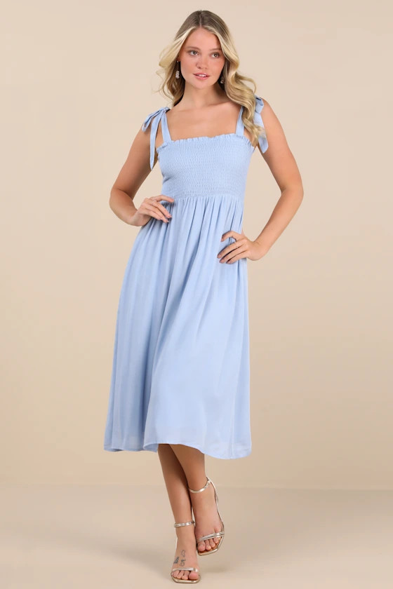 Looking Up Light Blue Smocked Tie-Strap Midi Dress | Lulus