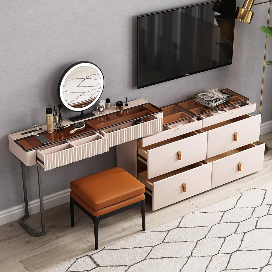 Vanity Desk with Drawers and Mirror Makeup Desk Brown Wooden Top, Leather Ottoman | Amazon (US)