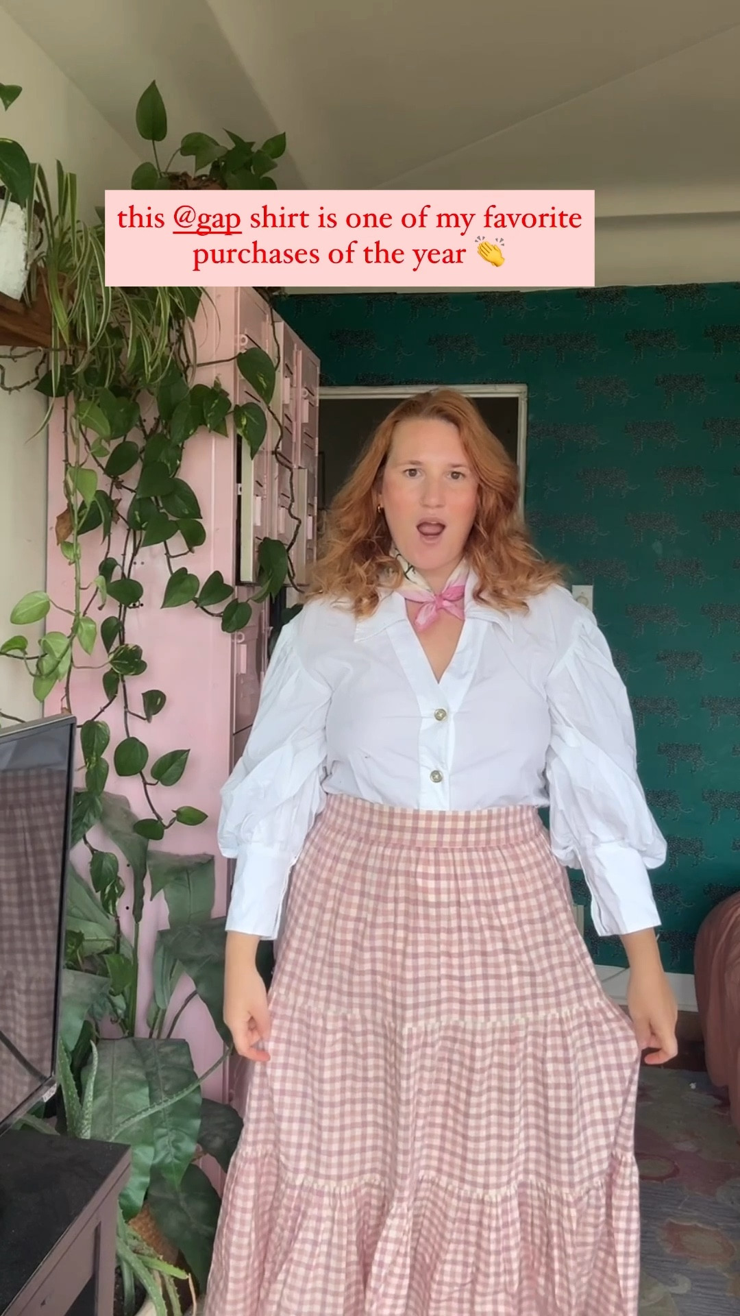 I love wearing this white gap shirt with a pink gingham skirt from Sezane. This pink and white look is so summer. I'm wearing a size XL and 14. #gap #sezane #gingham #size14 #curvy 

#LTKSeasonal #LTKMidsize