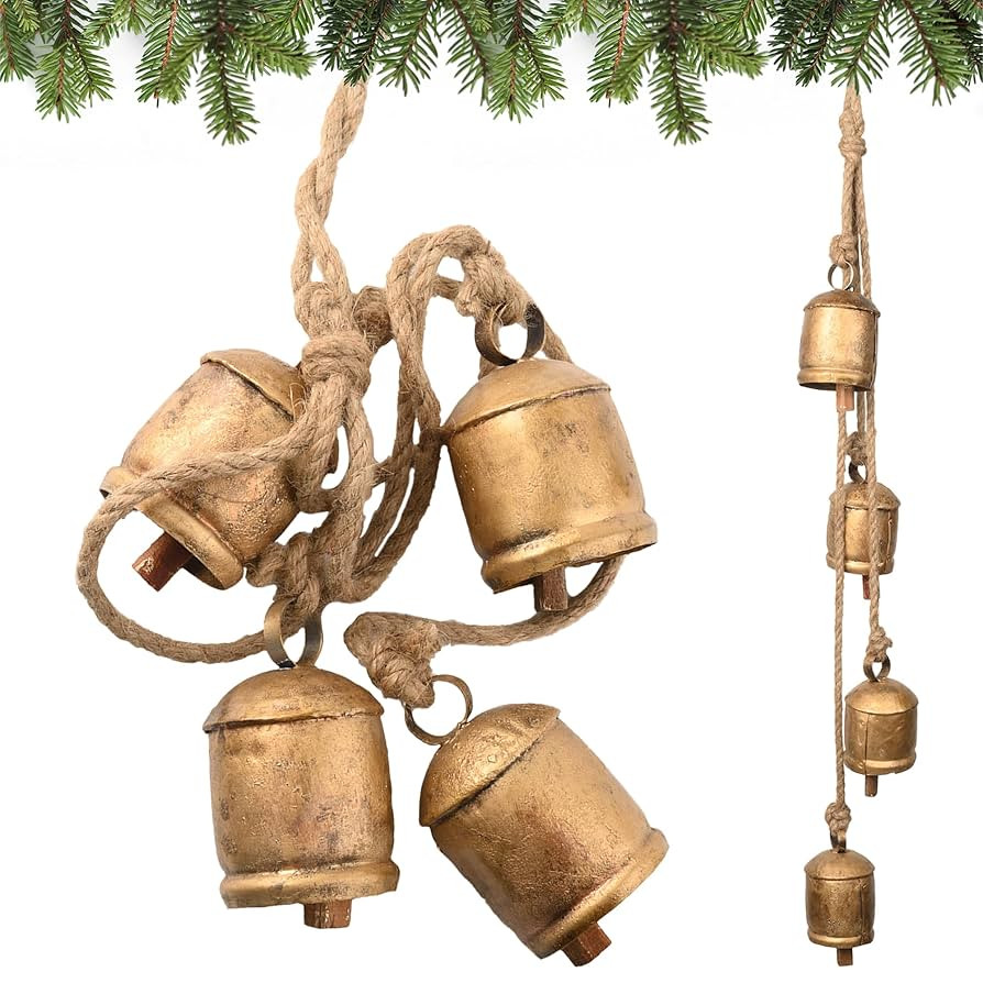 Christmas Bells - 4 Vintage Cluster Cow Bells on Rope, Hanging Decorative for Wall, Bedroom, Livi... | Amazon (US)