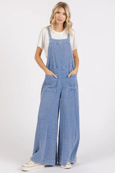 Mittoshop Textured Wide Leg Overalls Blue / M | Casual Chic Boutique