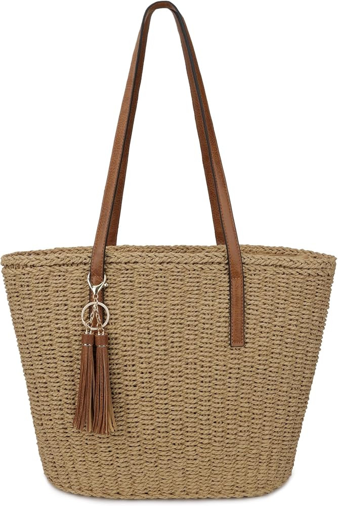 Womens Large Straw Tote Bag Handmade Woven Shoulder Handbag Summer Beach Purse with Tassel | Amazon (US)