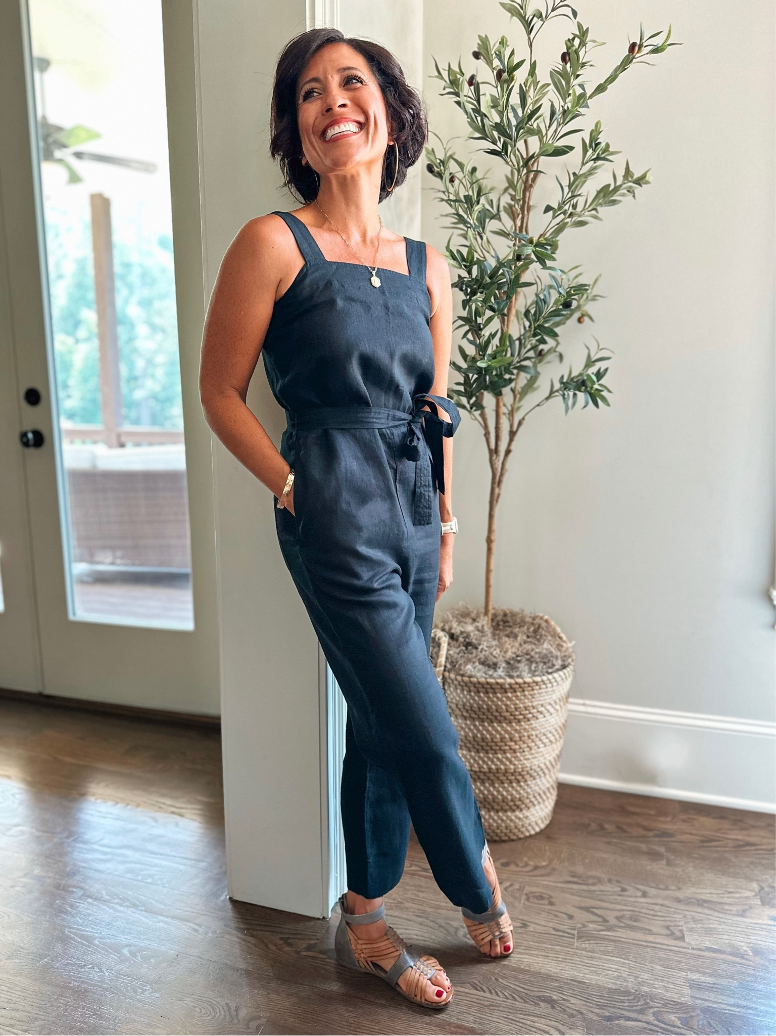 100% European Linen Square Neck Jumpsuit