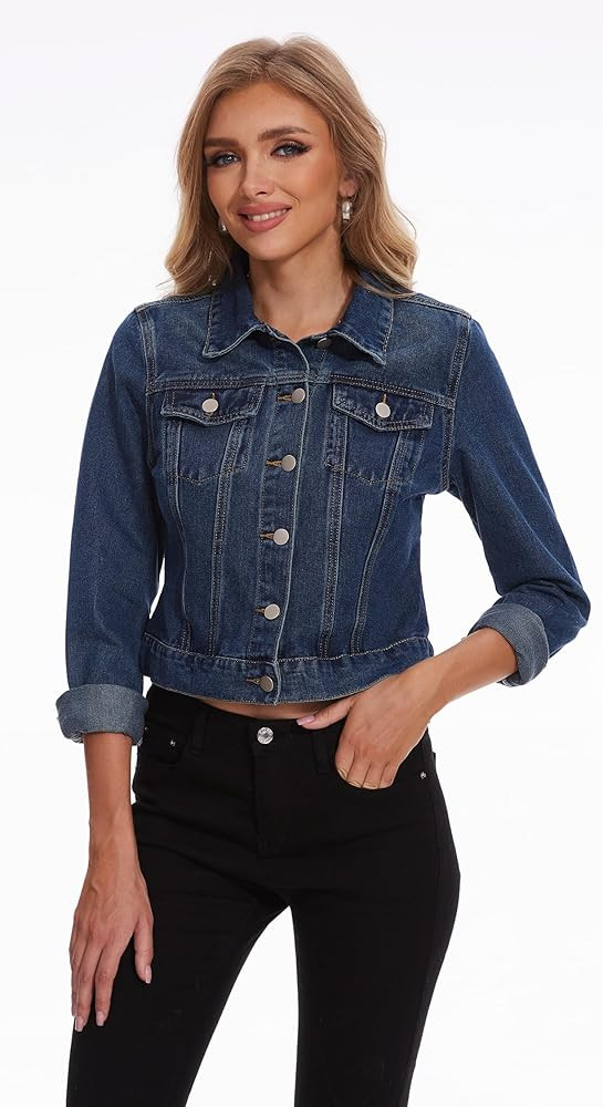 andy & natalie Women's Denim Jackets Cropped Long Sleeve Basic Button Down Crop Jean Shacket with... | Amazon (US)