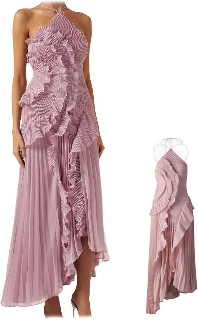 Pleated Lotus Edge Maxi Dress for Women Halter Sleeveless Backless A Symmetrical Ruffled Tiered F... | Amazon (US)